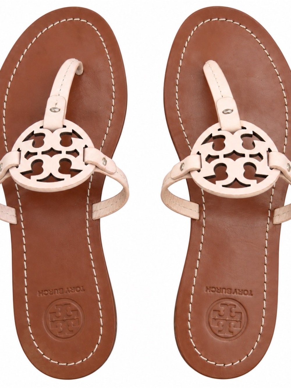 Tory Burch Light Pink and Brown Miller Leather Thong Sandals